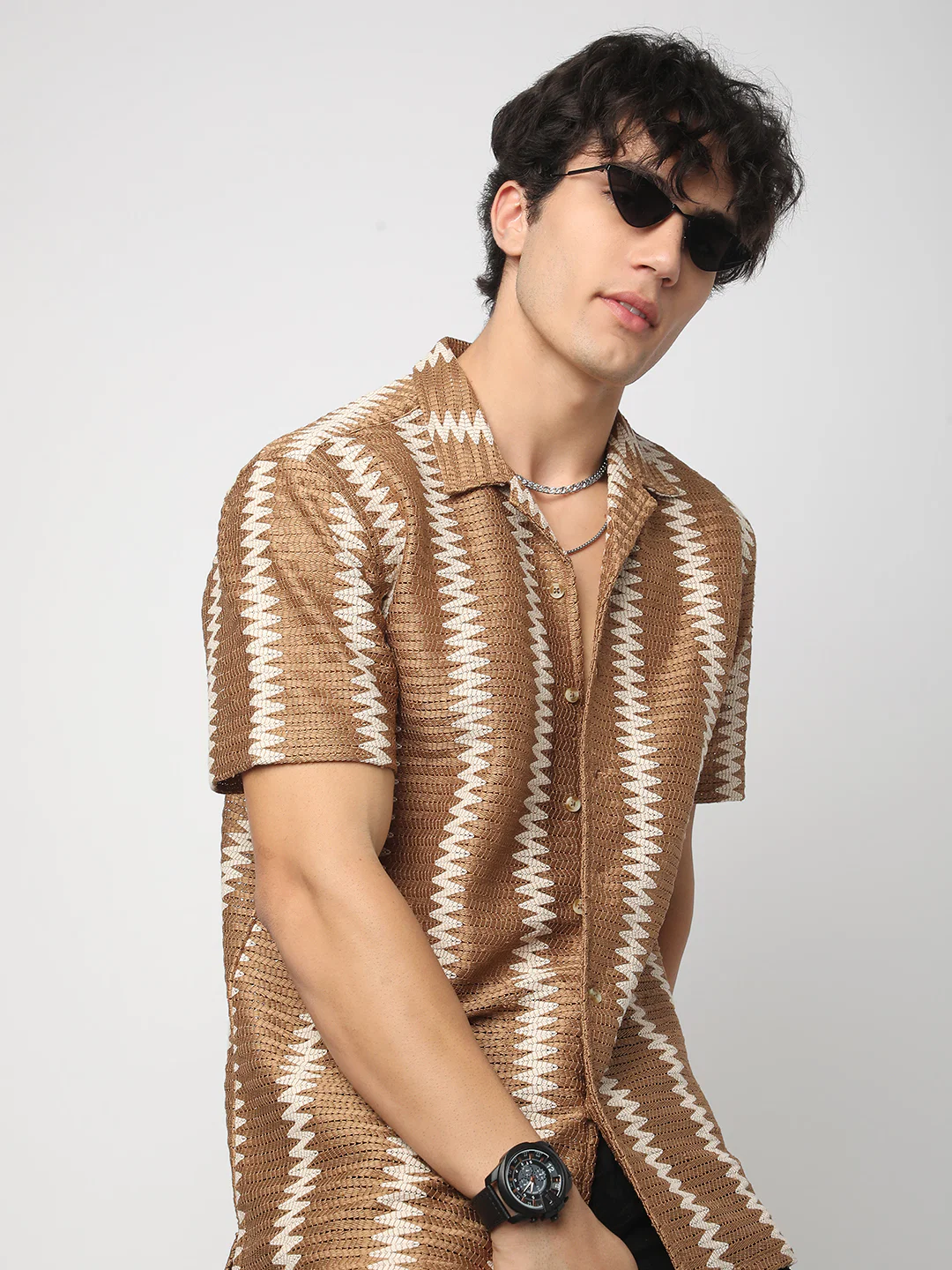 Zig-Zag Russet Brown Crochet Oversized Shirt - Image 4