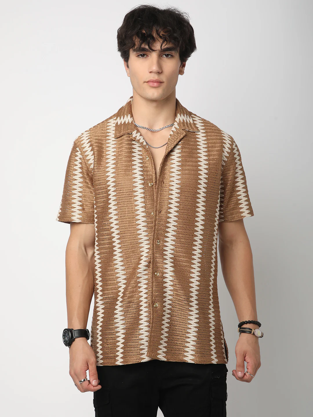 Zig-Zag Russet Brown Crochet Oversized Shirt - Image 5