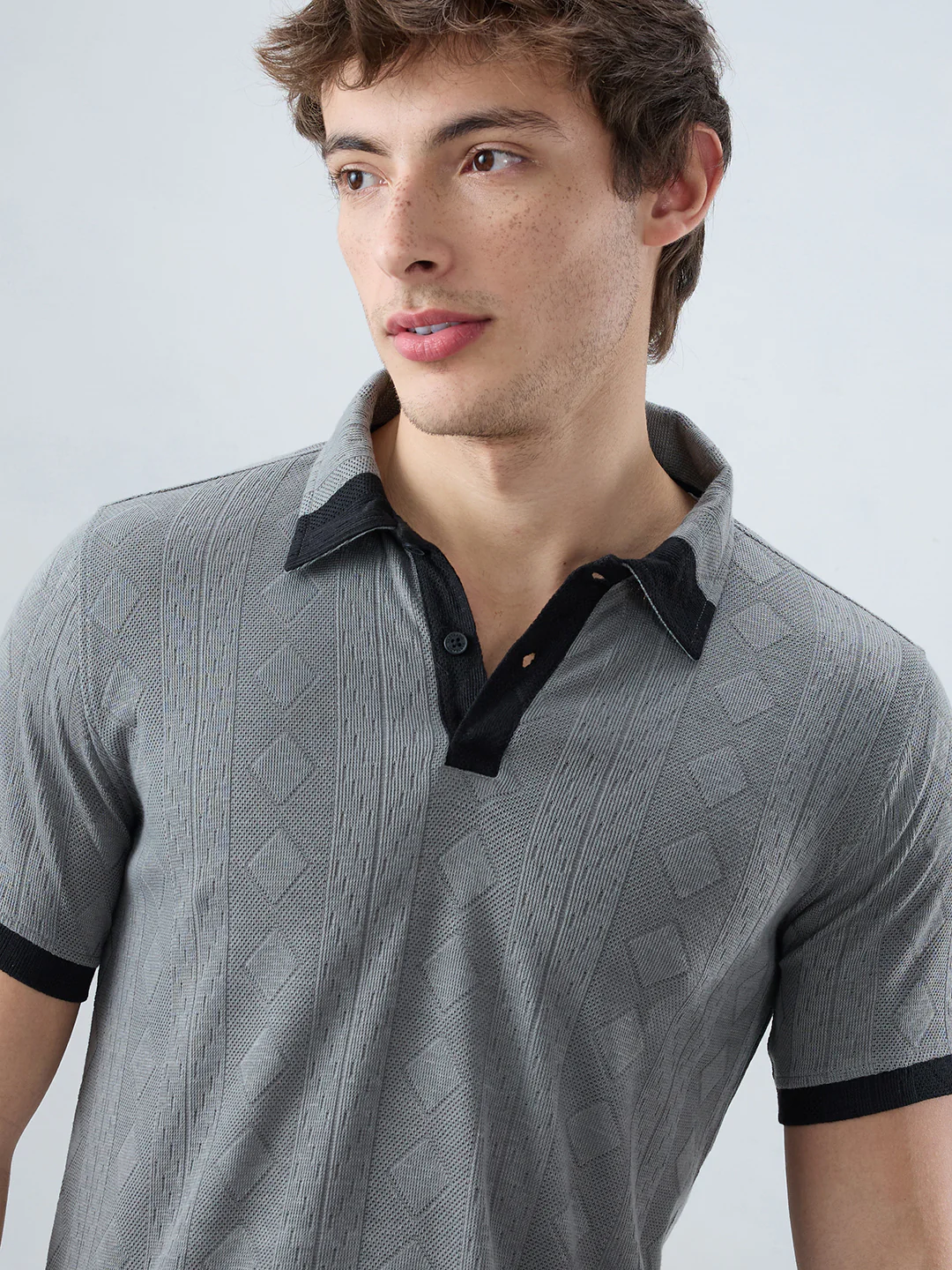 Zinc Grey Contrast Polo Neck Diamond Weave Knit T-shirt - Image 3