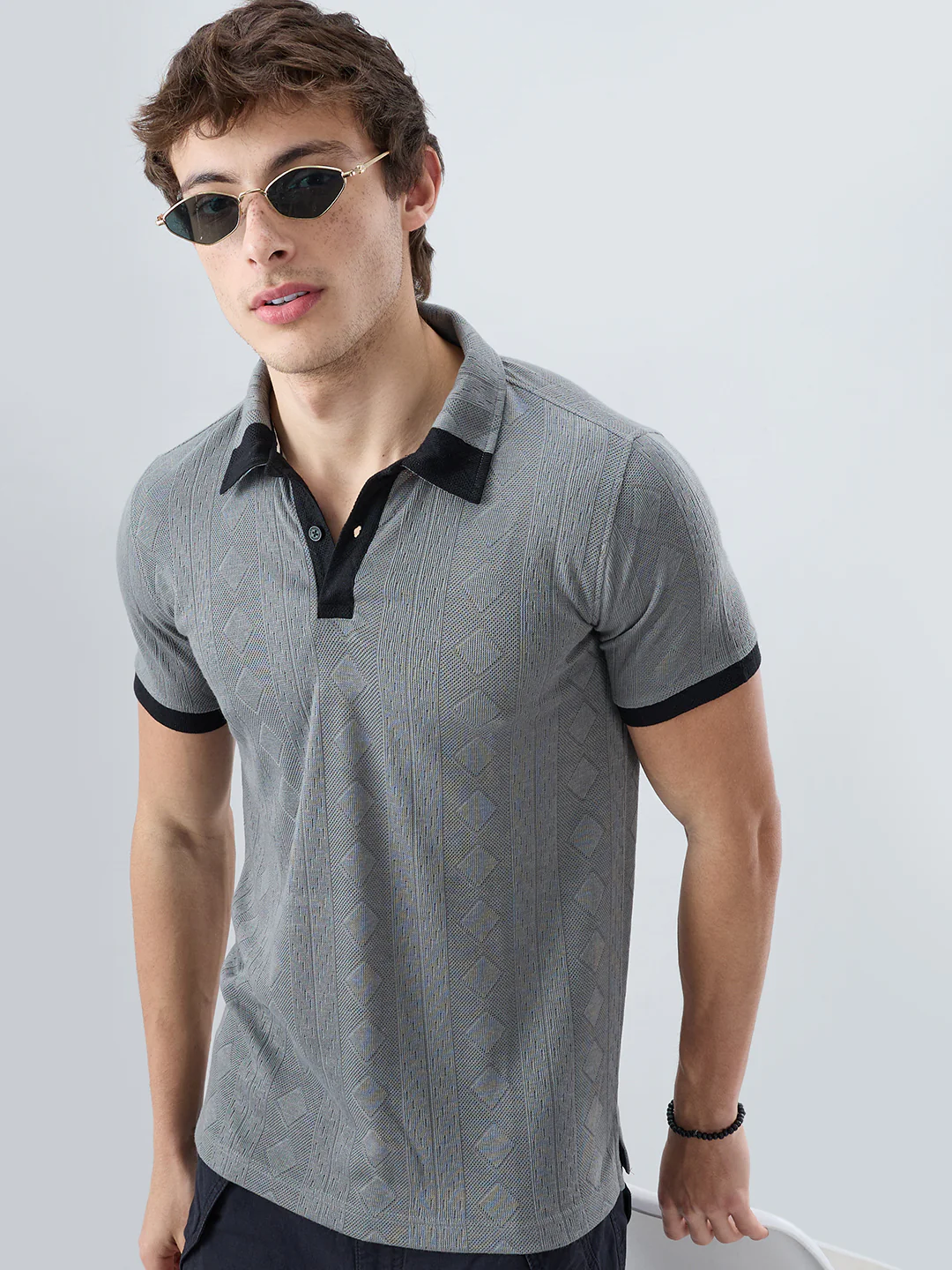 Zinc Grey Contrast Polo Neck Diamond Weave Knit T-shirt - Image 4