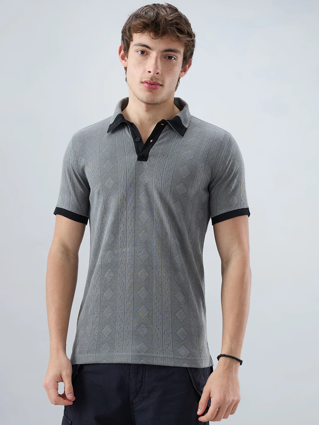 Zinc Grey Contrast Polo Neck Diamond Weave Knit T-shirt - Image 5