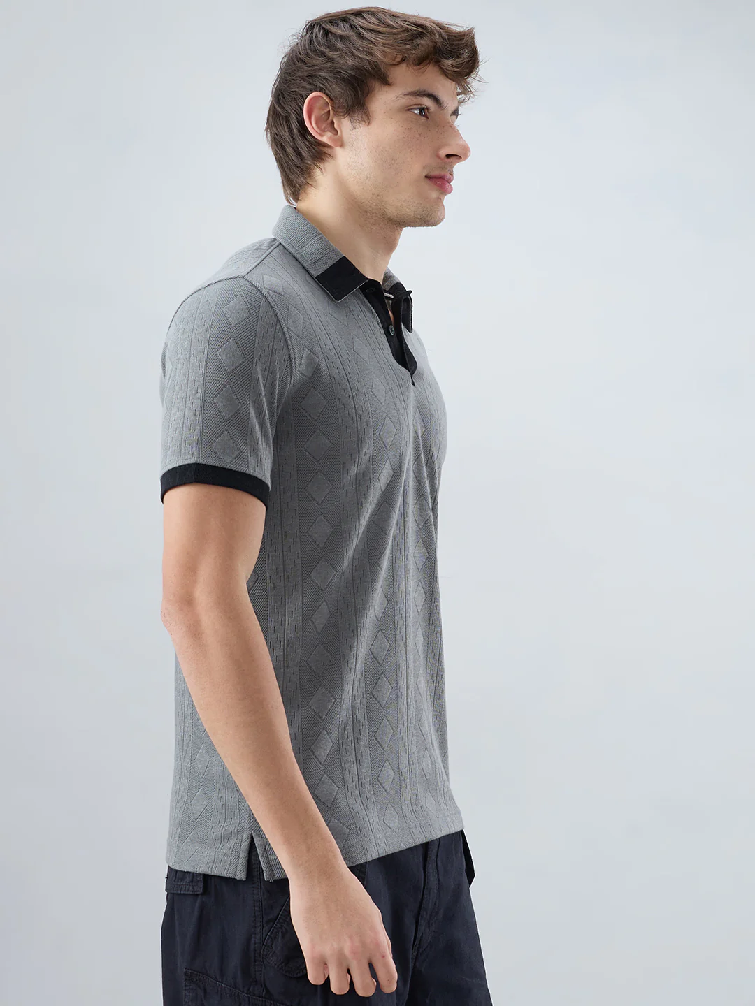 Zinc Grey Contrast Polo Neck Diamond Weave Knit T-shirt - Image 6