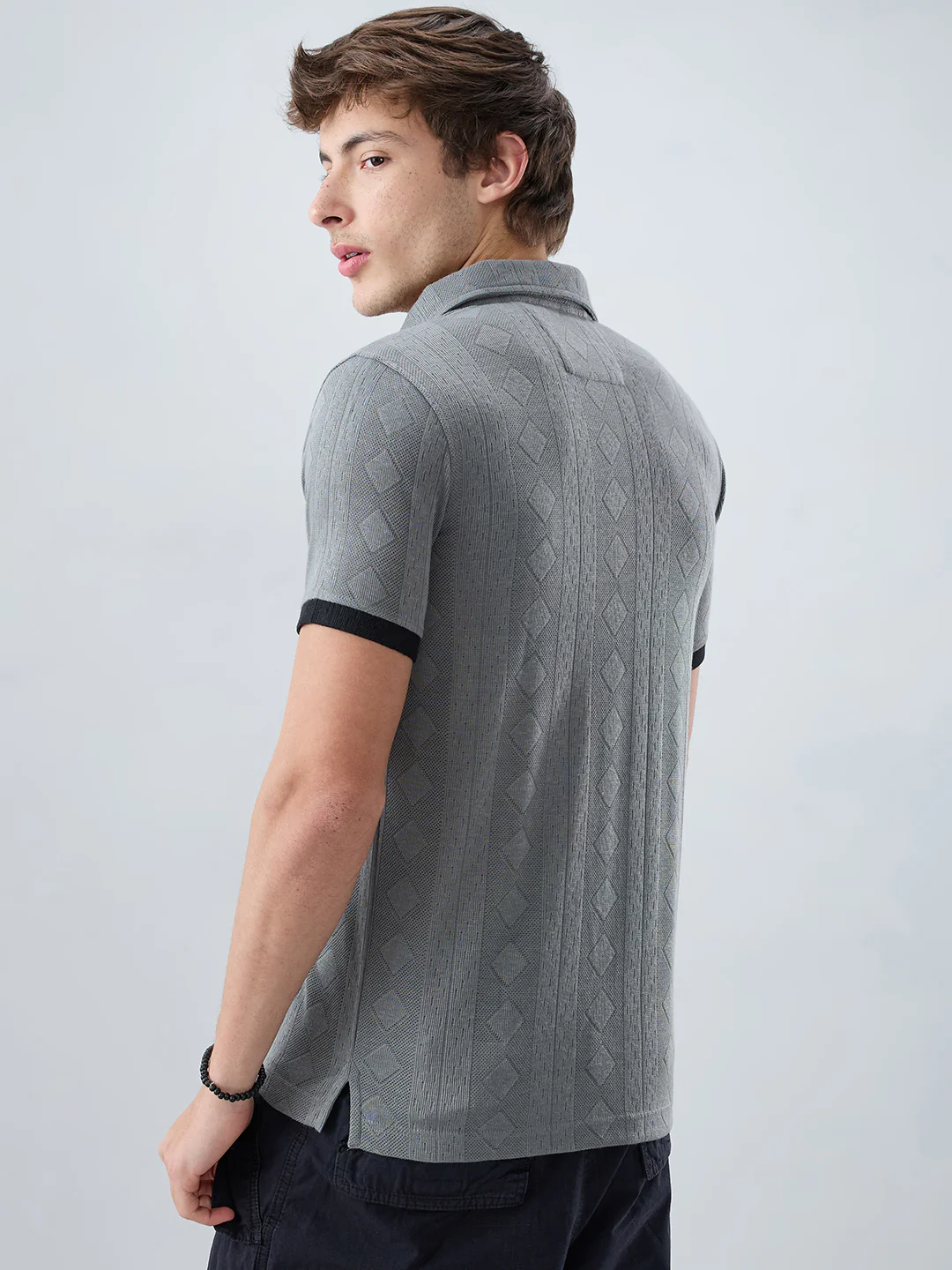Zinc Grey Contrast Polo Neck Diamond Weave Knit T-shirt - Image 7
