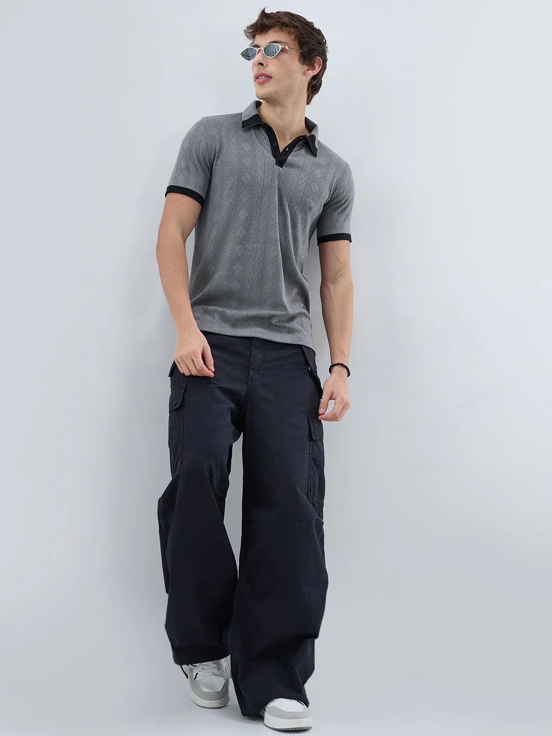 Zinc Grey Contrast Polo Neck Diamond Weave Knit T-shirt - Image 8